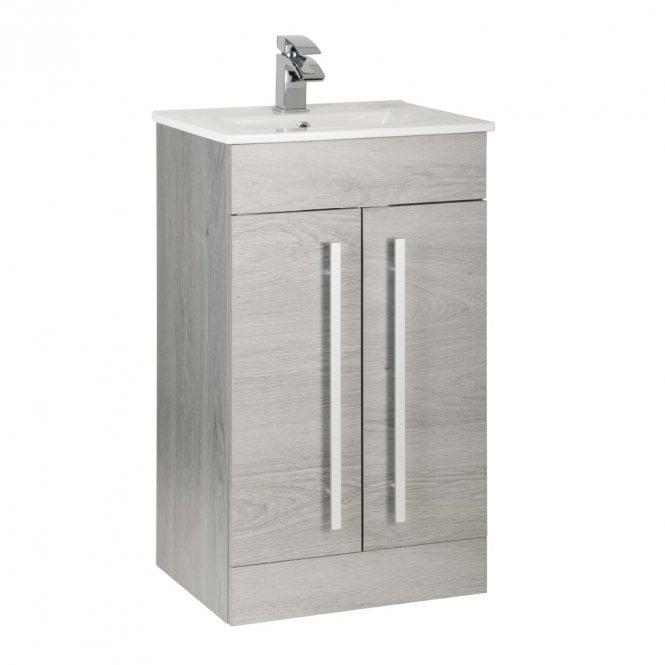 Purity 500mm Freestanding 2 Door Vanity Unit & Mid Depth Basin - Silver Oak