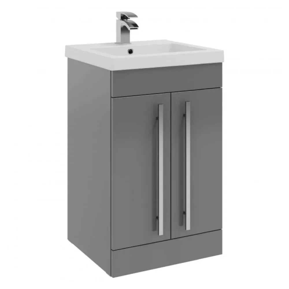 Purity 500mm Freestanding 2 Door Vanity Unit & Mid Depth Basin - Storm Grey Gloss