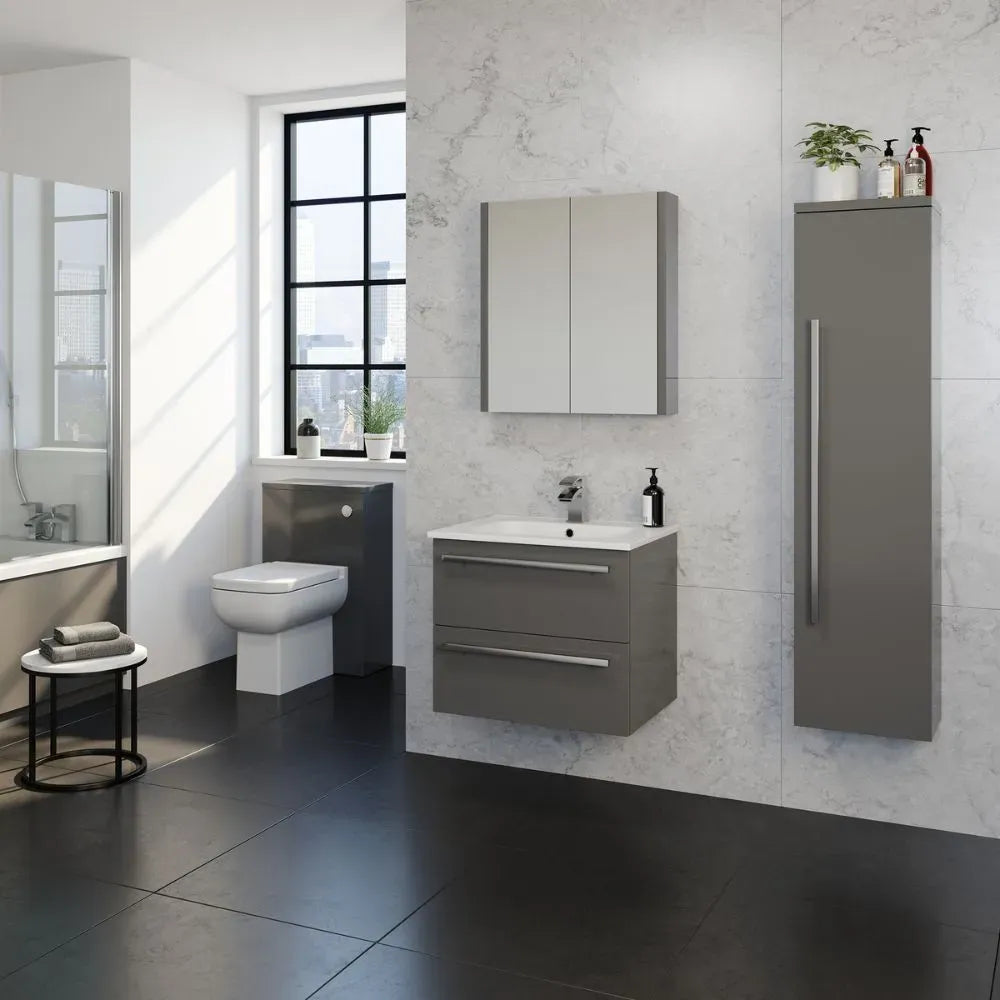 Purity 600mm Freestanding 2 Door Vanity Unit & Basin - Storm Grey Gloss