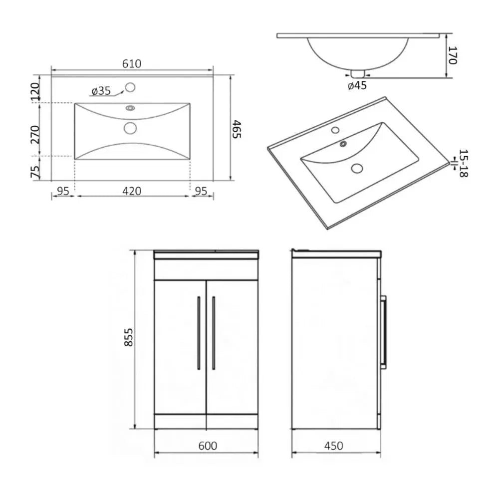 Purity 600mm Freestanding 2 Door Vanity Unit & Basin - Storm Grey Gloss