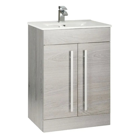 Purity 600mm Freestanding 2 Door Vanity Unit & Basin - Silver Oak