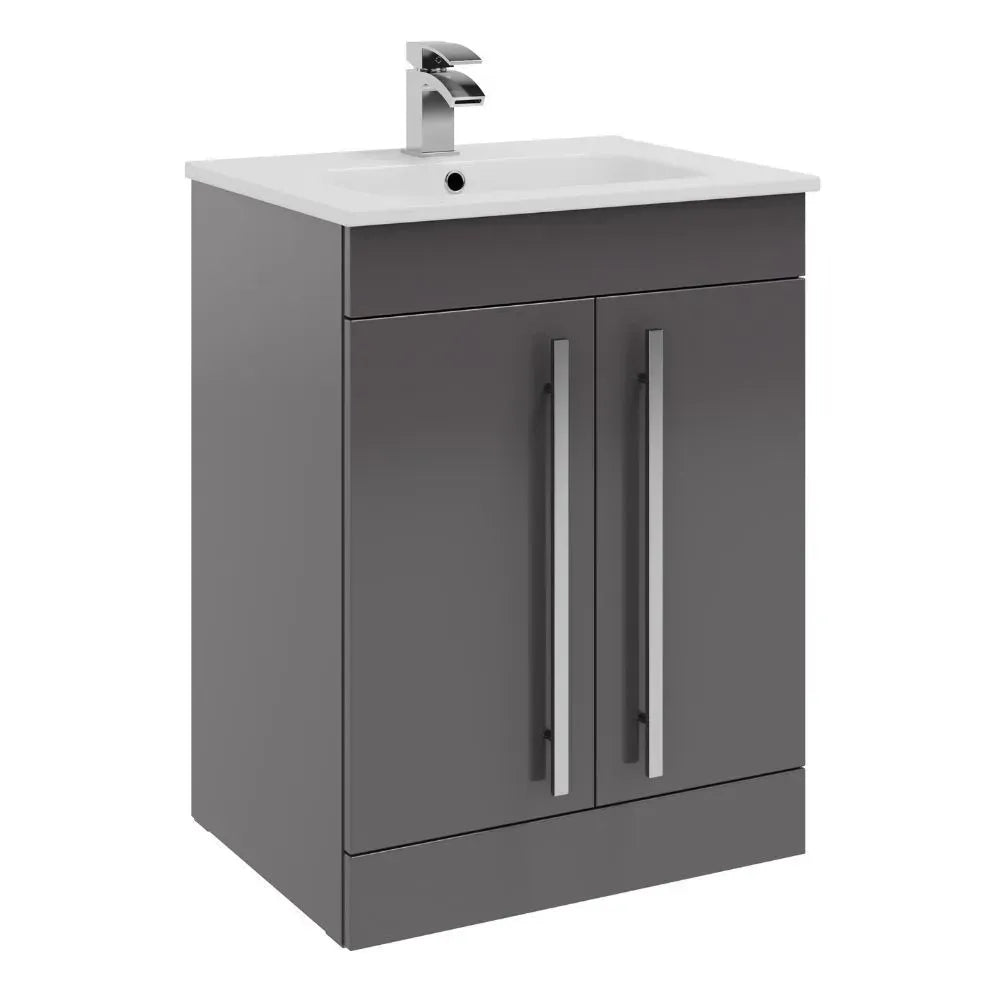 Purity 600mm Freestanding 2 Door Vanity Unit & Basin - Storm Grey Gloss