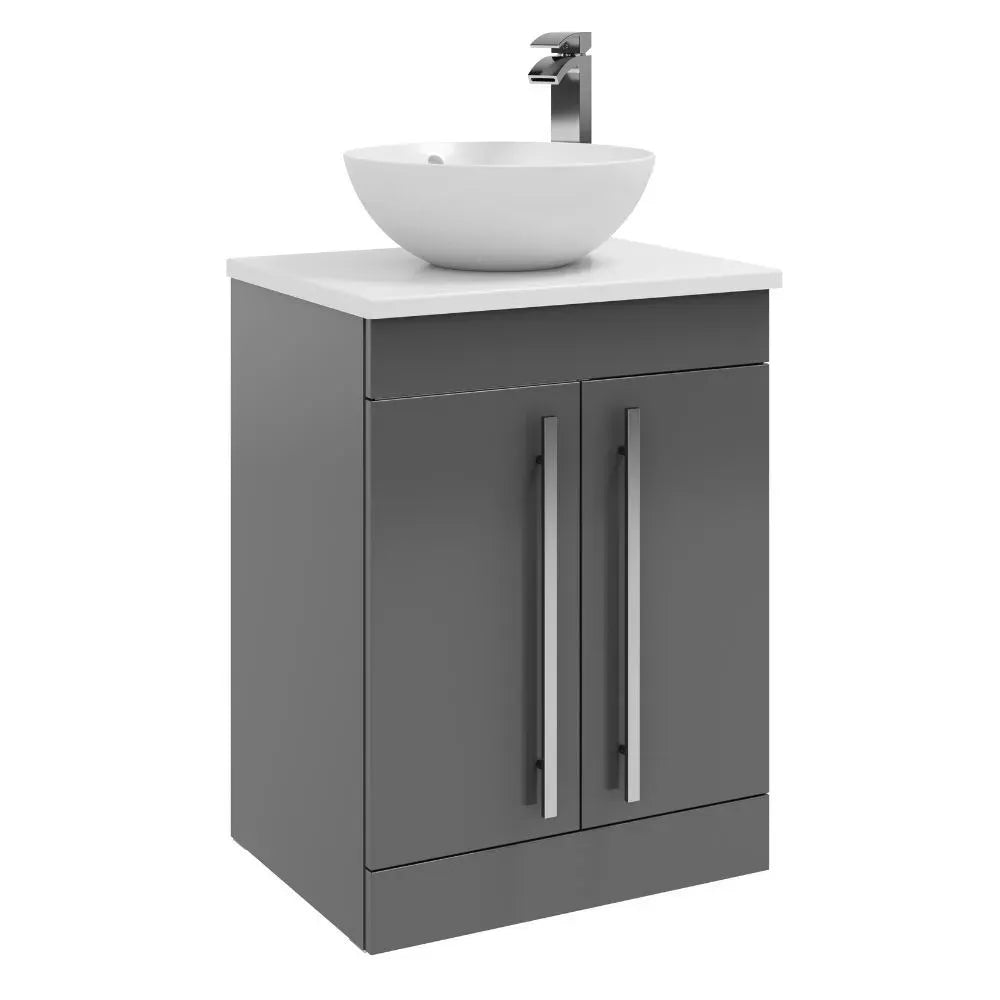 Purity 600mm Freestanding 2 Door Vanity Unit with Ceramic Worktop & Bowl - Storm Grey Gloss