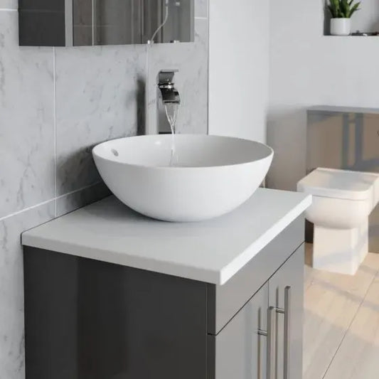 Purity 600mm Freestanding 2 Door Vanity Unit with Ceramic Worktop & Bowl - Storm Grey Gloss