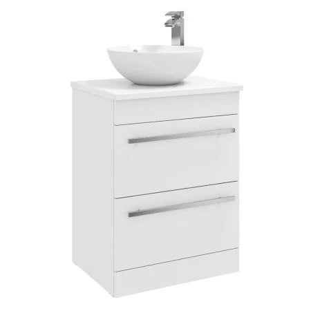 Purity 600mm Freestanding 2 Drawer Vanity Unit with Ceramic Worktop & Bowl - White Gloss