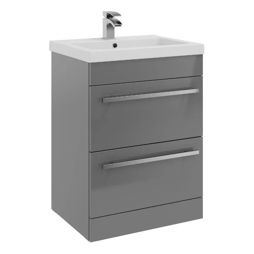 Purity 600mm Freestanding 2 Drawer Vanity Unit & Mid Depth Basin - Storm Grey Gloss