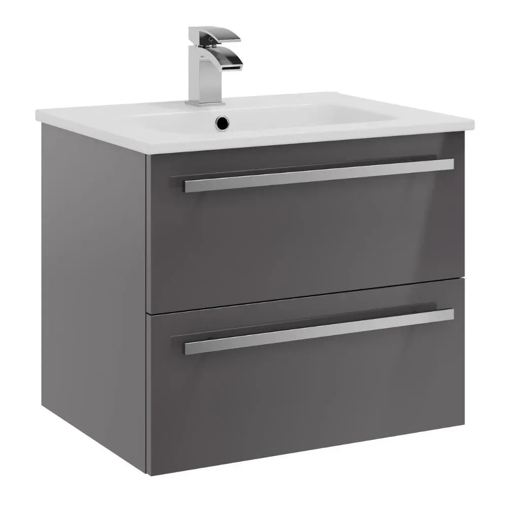 Purity 600mm Wall Mounted 2 Drawer Vanity Unit & Basin - Storm Grey Gloss