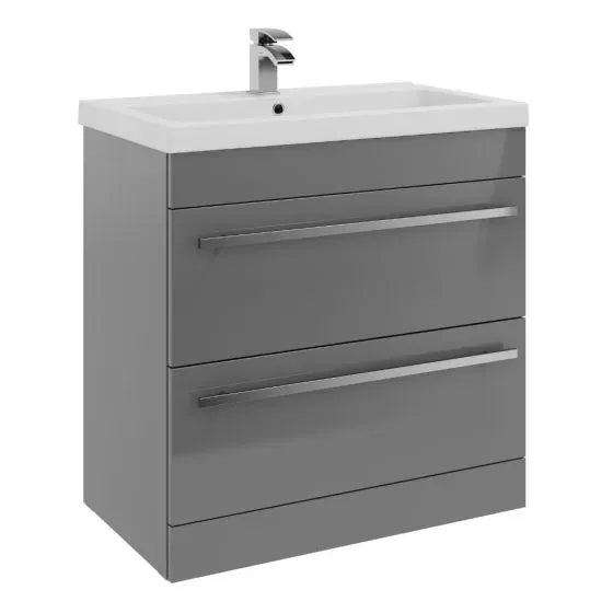 Purity 800mm Freestanding 2 Drawer Vanity Unit & Mid Depth Basin - Storm Grey Gloss