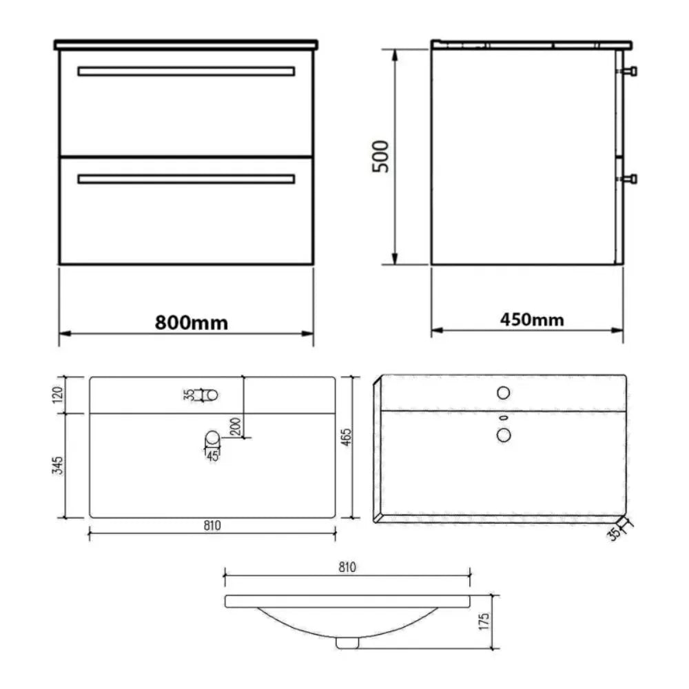 Purity 800mm Freestanding 2 Drawer Vanity Unit & Mid Depth Basin - Storm Grey Gloss