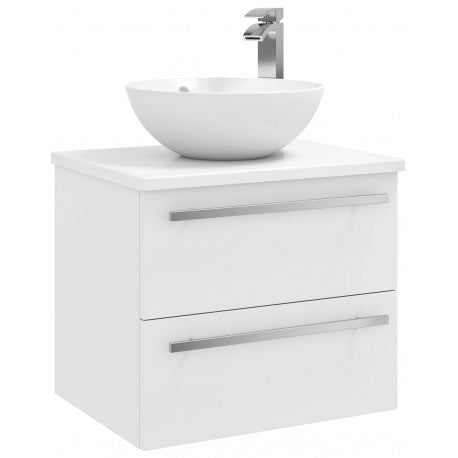 PURITY WHITE 600MM WALL HUNG DRAWER UNIT WITH CERAMIC WORKTOP AND COUNTERTOP BASIN