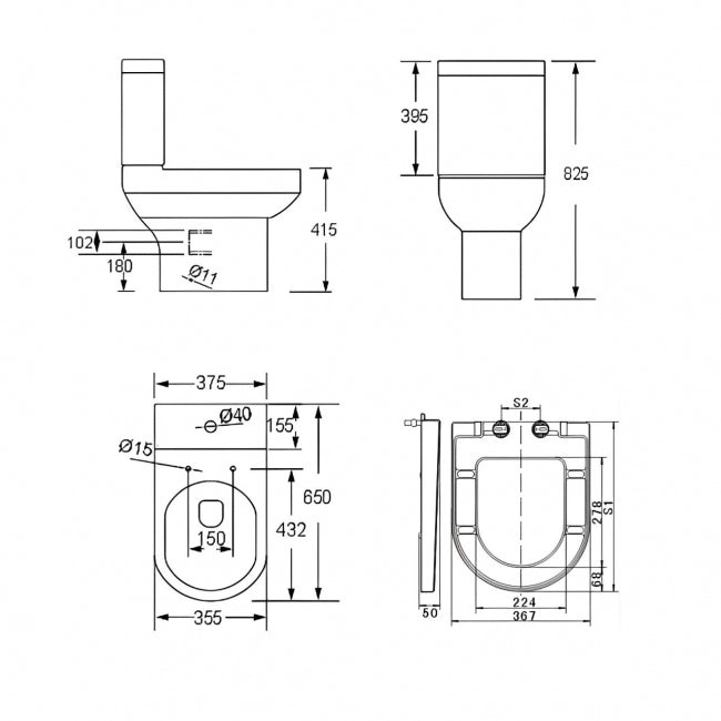 Bijoux Close to Wall Close Coupled Toilet with Push Button Cistern - Soft Close Seat