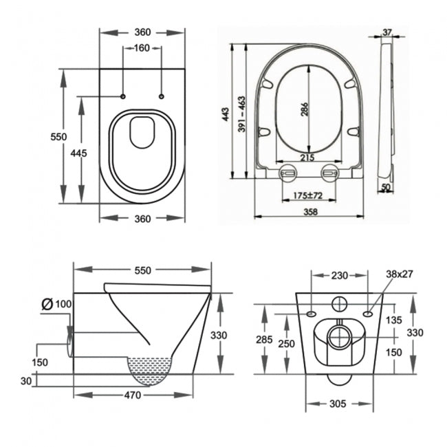 Genoa Round Rimless Wall Hung Toilet - Soft Close Seat