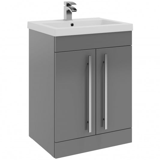 Prestige Purity 2-Door Floor Standing Vanity Unit with Mid Depth Ceramic Basin 600mm Wide - Storm Grey Gloss