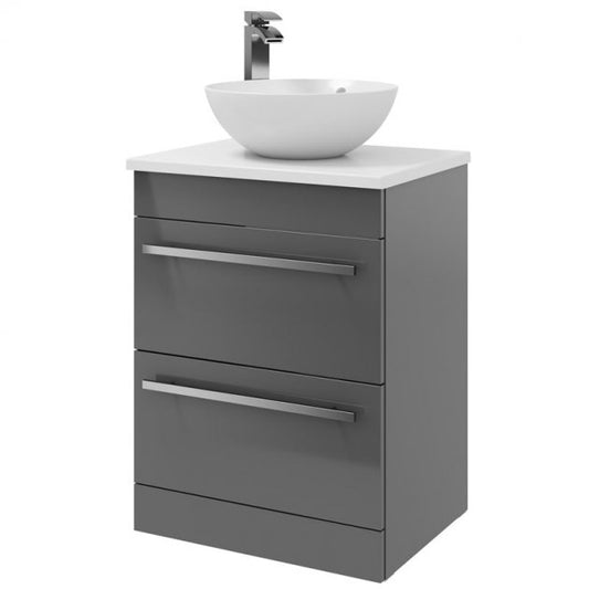 Purity 2-Drawer Floor Standing Vanity Unit with Sit-On Basin and Worktop 600mm Wide - Storm Grey Gloss